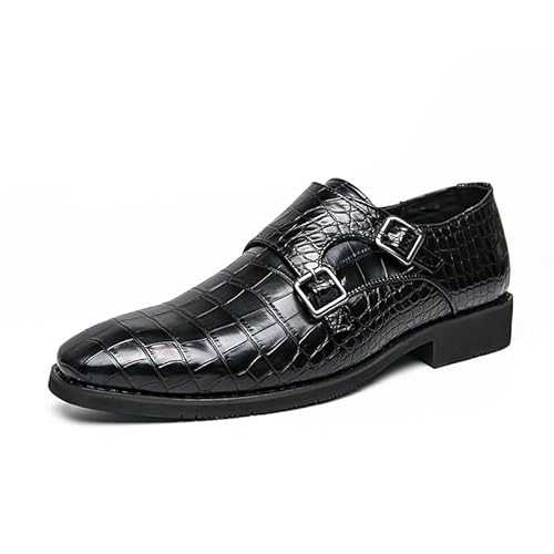 New Dress Shoes for Men Slip On Square Toe PU Leather Block Pattern Double Monk Strap Block Heel Non Slip Low Top Outdoor