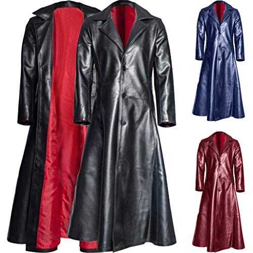 Gothic Leather Trench Coat for Men,UK Steampunk Overcoat Full Length Sale Winter Casual Biker Outwear Lapel Long Faux Leather Coat Jacket Size 8-22