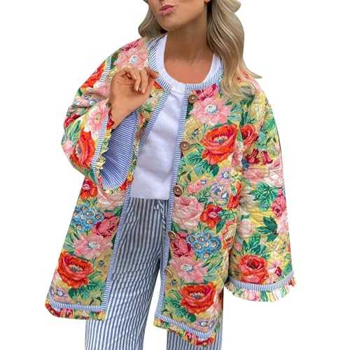 CUTeFiorino Patchwork Quilted Jacket with Floral Print, Lined Puffer Jacket in Boho Style for Autumn, Autumn Quilted Coat with Relaxed Fit, Autumn Boho Coat Jackets Women