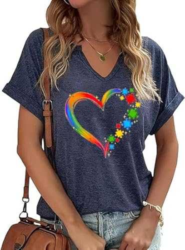 Autism Awareness Shirt for Women Accept Understand Love Heart V Neck T Shirt Autism Graphic Tops Tee