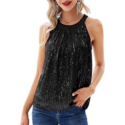 Women Sequin Top Sexy Glitter Sparkly Halter Neck Tank Camisole Tops Sleeveless Party Vest Concert Shirt