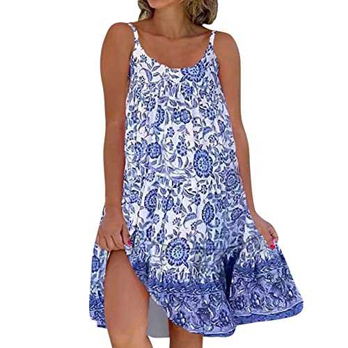 Floral Dress for Women UK Plus Size Long Summer Dress Ladies Boho Beach Dress Cotton Sundress Casual Summer Dressing Sleeveless Dress for Women UK Holiday Short Dresses