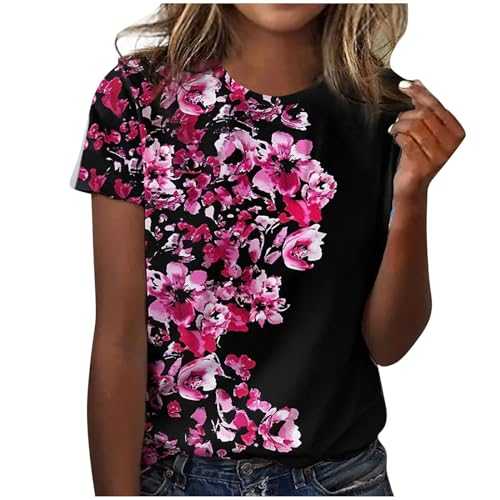 Summer Tops for Women UK Clearance Ladies Tops Vacation Trendy Floral Printed Short Sleeve T Shirts Crew Neck Boho Tops Casual Henley Shirt Loose Comfy Pullover Tunics Basic Tees