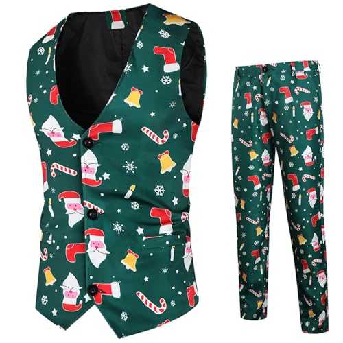 Ruamilyy Christmas Suit Men's 2-Piece Santa Funny 3D Slim Fit Christmas Suit Men Christmas Jacket Vest and Suit Trousers Blazer Party Suit Vest + Suit Trousers Set, Green, M