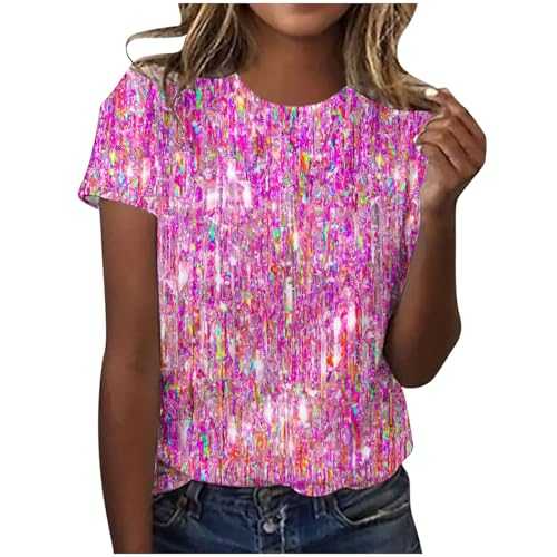 Sparkly Tops for Women UK Sequins Print Tunic Tops Short Sleeve Round Neck Shirts Shiny Comfy Tops Ladies Casual Blouse Elegant Gradient Blouses Loose Fit Casual Pullover Tops Clearance Size 16