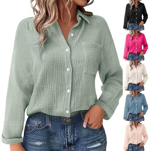 Linen Shirts For Women Uk, Womens Long Sleeve Blouses, Elegant Muslin Blouse, Casual Button Down Shirts With Pockets, Comfortable Pleated Summer-Shirts, Lightweight Boho Holiday Tops Oversized