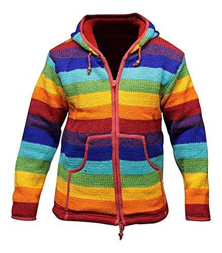 Rainbow Stripe Hooded Woolen Jacket Fleece Lined Super Warm Hand Knitted Cool
