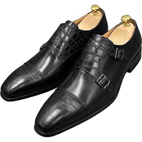 Mens Loafers Dress Shoes Leather Slip On Moccasion Double Buckle Monk Shoe Non-Slip Business Office Formal,Black-41