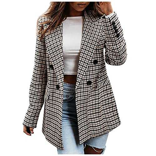 HAOLEI Houndstooth Jacket Women Casual Double Breasted Plaid Suit Jacket Coat Checked Long Sleeve Suit Blazer Regular Fit Work Business Office Fashion Casual Smart Autumn Winter Outwear Ladies