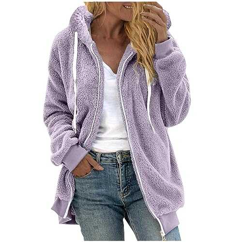 Rikay Fleece Jacket for Women Plain Hoodie Winter Warm Teddy Fleece Jackets Soft Fluffy Coat Hooded Overcoat Cardigan Full Zip Casual Loose Comfy Ladies Jumper Tops Outwear Plus Size