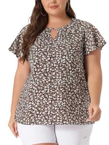 Agnes Orinda Women's Plus Size Chiffon Flared Ruffle Sleeve Keyhole Blouse Floral Top