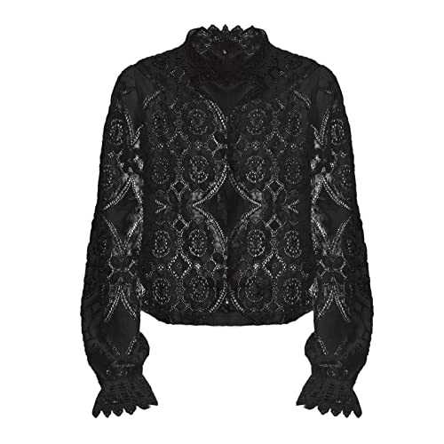 Kmdwqf Women's Spring and Summer New Tops Sexy See Through Ruffled Long Sleeved Stand Up Collar Lace Shirt Crochet Tops for Women Longline T Shirt Women Good Luck Gifts Discounted Items for Sale