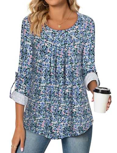 Flikity Womens Long Sleeve Tops Casual Crew Neck Blouses Roll-up 3/4 Sleeve Tops Dressy Casual Tops Loose Tunic Shirts S-2XL