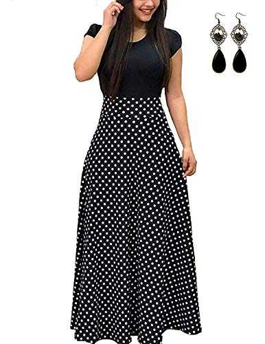 UUAISSO Women Boho Maxi Dress for Beach Casual Loose Party Dresses Short Sleeve Casual Cotton Sundress A-Black-Short Sleeve L