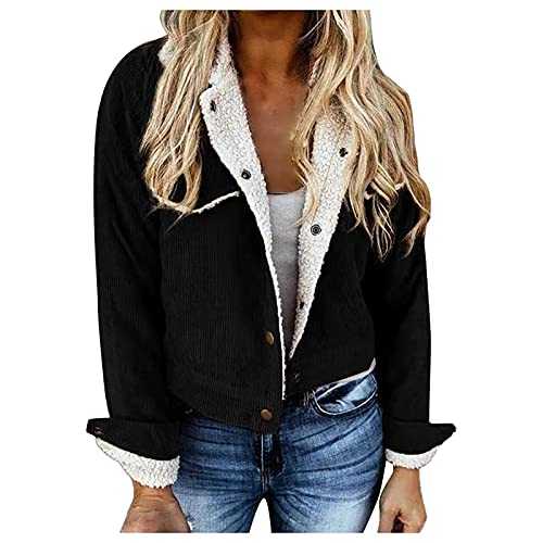 Women's Cord Jacket - Vintage Plush Lined Long Sleeve Warm Cord Jacket Lapels Fleece Jacket Corduroy Jacket with Sherpa Lining for Women Autumn Winter, S - XXL