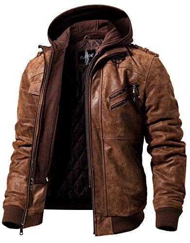 FLAVOR Men's Real Leather Jacket with Removable Hood Brown Genuine Leather