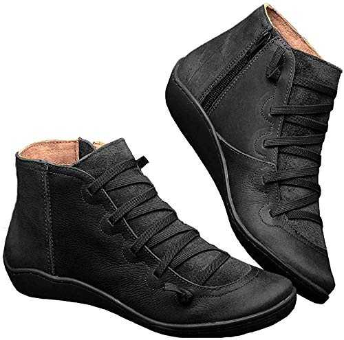 Kinloy Ladies Comfy Slip On Zipper Anti-Slip Vintage Boots Leather Short Booties Soft Lightweight Lace-up Arch Support Shoes Black Size 6 UK