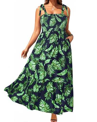 Pinup Fashion Women Plus Size Summer Maxi Dress Casual Smocked Bust Long Sundress with Pockets