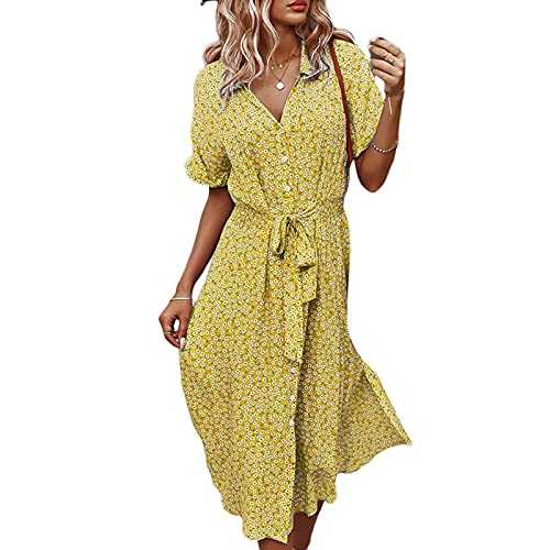 Women's Summer Button Down Midi Dress Short Sleeve V Neck Floral Lapel Ruffle Ditsy Loose Boho Swing Shirt Dress