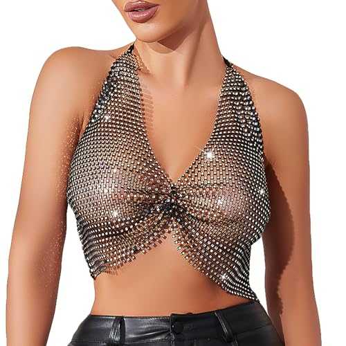 Sexy Womens Sparkly Rhinestone Camisole Solid Sleeveless Backless Mesh Crop Tops with Adjustable Straps Slim Fitted Deep V Neck Vest Top for Night Club Party Clubwear Disco Rave Outfit Tank Shirt