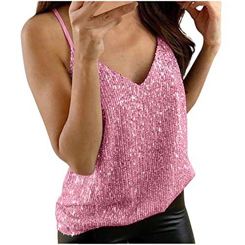 Women Glitter Camisole Clearance Sequins Sparkle Vests Blouse V Neck Tank Top Sleeveless T-Shirts Casual Tees Teens Girls Spaghetti Strap Camisole Shirts Sexy Vest for Club Party Streetwear S-5XL