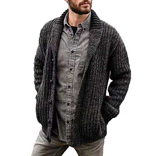 Mens Wool Knitted Sweater Long Sleeve Knitted Jumpers Cardigan with Pockets Casual Loose Buttons Turndown Collar Jackets Solid Color Autumn Winter Warm Coat UK Size 8-18