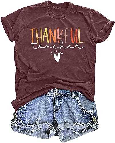 hohololo Thanksgiving Shirts Women Thankful Teacher T Shirt Fall Heart Graphic Tees Short Sleeve Blessed Tops