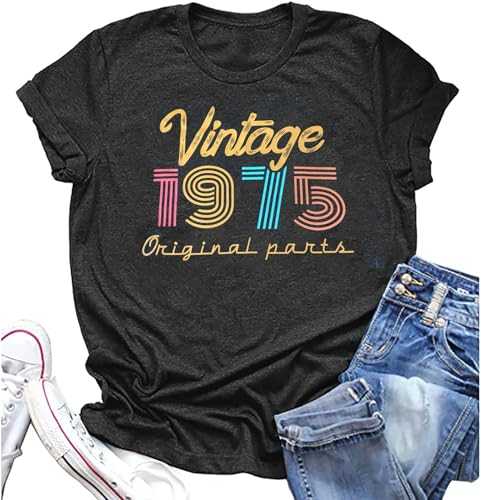 Women 50th Birthday Shirt Vintage 1975 Tshirt Fifty Bday Gift Casual Birthday Apparel Flower Graphic Short Sleeves Tee