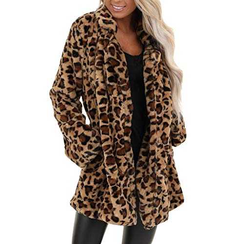 IQYU Women's Fur Coat with Leopard Print Faux Fur Jacket Long Sleeve Cardigan with Pockets Fur Jacket Faux Fur Coat Autumn Winter Transition Jacket Fur Jacket Winter Jacket Faux Fur Coat Autumn Coat