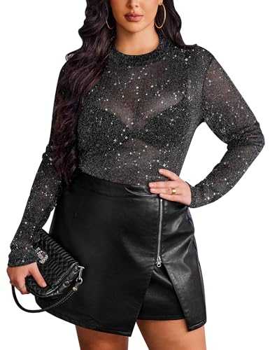 IN'VOLAND Women's Plus Size Glitter Sheer Mesh Top Long Sleeve Shirts Mock Neck See Through T Shirt Clubwear Slim Blouse