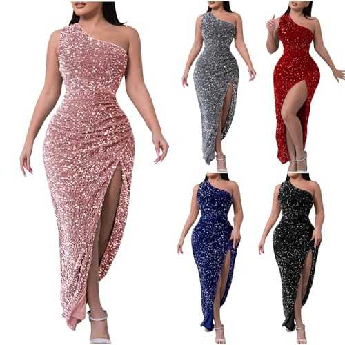 Sequins Dress for Women Sleeveless Oblique Collar Mermaid Maxi Dress Elegant Bridesmaid Dress Sparkly Glitter Wrap Bodycon Party Evening Cocktail Prom Dresses Floor Length Bandage Prom Ball Gowns