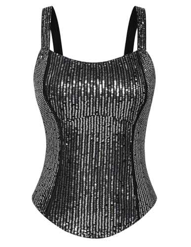 Women's Glitter Sequin Top Square Neck Sleeveless Fishbone Party Camisole Vest