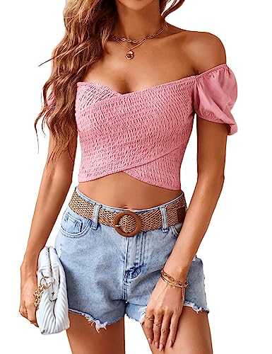 VIDUSSA Women's Puff Short Sleeve Crop Tops V Neck Off Shoulder Wrap Blouse Shirt