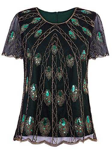 VIJIV Women's 1920s Vintage Beaded Evening Top Art Deco Scalloped Hem Peacock Sequin Embellished Blouse Tunic