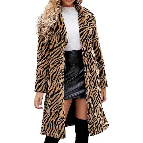 Women Long Faux Fur Coat Fuzzy Fleece Shaggy Jacket Winter Soft Open Front Fluffy Outwear Ladies Sherpa Lapel Jackets Leopard Print Teddy Bear Coats Plush Thick Overcoat with Pockets