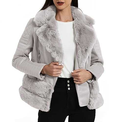 XULIKU Women's Faux Fur Collar Suede Leather Jacket with Detachable Belt Short Zip Up Warm Coat For Women Winter Outwear