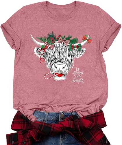 Cow Christmas T-Shirt for Women Merry Christmas Heifers Tee Xmas Highland Cow Farm Shirt Holidays Casual O-Neck Tshirt