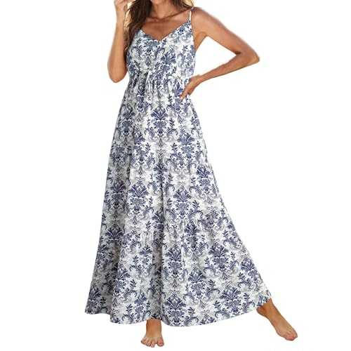 Ladies Floral Printed Strappy Dresses Fashion Summer V Neck Party Long Dress Elegant Beach Flowy Wide Hem Maxi Dresses Casual Sleeveless Going Out Waist Sundress Vacation