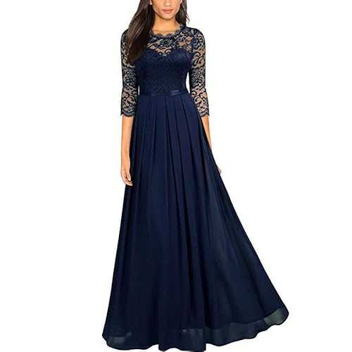 Evening Dress Women's Round Neck Lace Dress Long A Line Cocktail Dress Elegant Ball Dress Wedding Dress Pleated Maxi Dresses 3/4 Sleeves Party Dress Hawaiian Casual Dresses