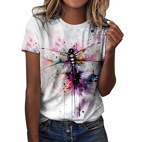 Women's Tops Shirts Women Summer Casual Fashion Round Neck Short Sleeve Flower Butterfly Print Tshirt Top Ligntweight Tops Shirts