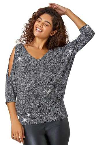 Roman Originals Sparkle Blouson Top for Women UK Ladies Cold Shoulder Blouse Split Sleeves Shimmer NYE Party New Year Christmas Formal Dressy Evening Special Occasions Winter