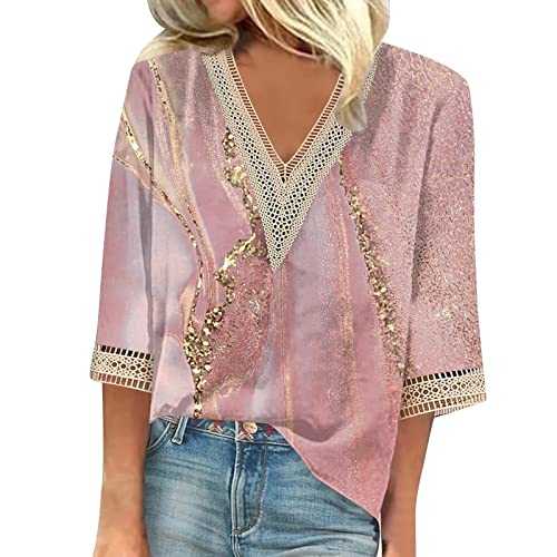 Womens Summer Lace Spliced Hollow Sexy V Neck T-Shirt Plus Size Half Sleeve Elegant Graphic Tops Floral Printed Bohemian Style Blouses Loose Casual Work Shirts, S to 3XL