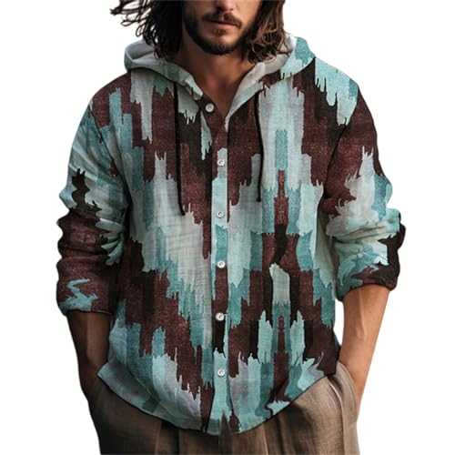 Print Hooded Shirt for Men: Mens Linen Hoodies Long Sleeve Button Down Shirts Loose Fit Shirts Casual Shirts Lightweight Drawstring Pullover Long-Sleeved T-Shirts Fashion Sweatshirt