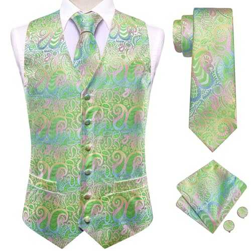 Hi-Tie Mens Suit Vest Tie set Classic Waistcoat and necktie Handkerchief Cufflinks Suit Wedding Party