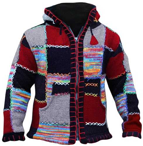 SHOPOHOLIC FASHION Patchwork Hooded Fleece Jacket, Double knitted Wool Long Sleeve Zip Hoodie Jumper for Men