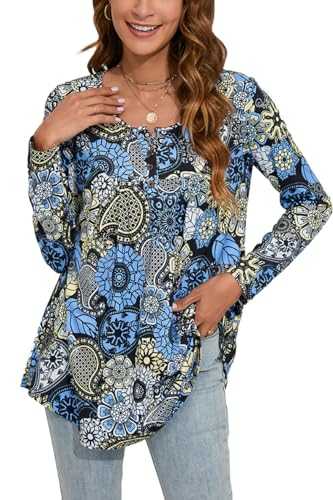 Enmain Women's Tunic Tops Casual Long Sleeve Blouse Tunic Top for Ladies Round Neck Longline Blouses Shirts Plus Size Swing Tunic Button Up