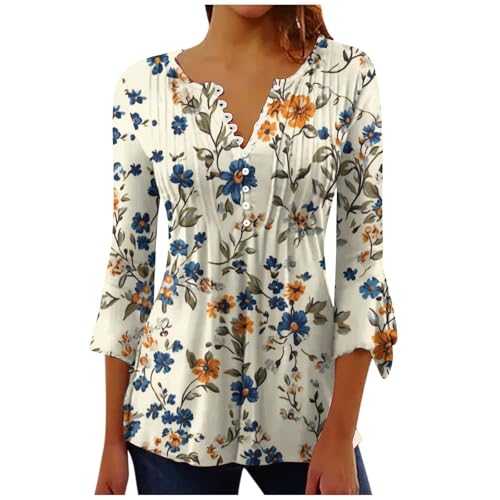 Ladies Pleated Blouse Tunic Tops UK Clearance Elegant 3/4 Sleeve T Shirts Floral Boho Tees V Neck Henley Shirts Summer Casual Tee Shirts Ruffle Top Loose Fit Plus Size Baggy Flowy Shirt Dress