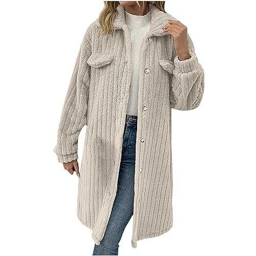 Women's Fuzzy Fleece Jackets UK Clearance Wool Faux Fur Teddy Bear Long Coat Winter Warm Sherpa Lined Outwear Parka Long Pea Coat Fluffy Lapel Button Outwear with Pockets Ladies