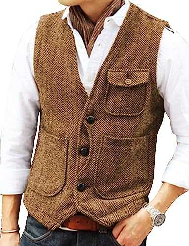 Solovedress Mens Vintage Wool 3 Real Pockets Suit Vest V Neck Tweed Waistcoat for Wedding Groomsmen