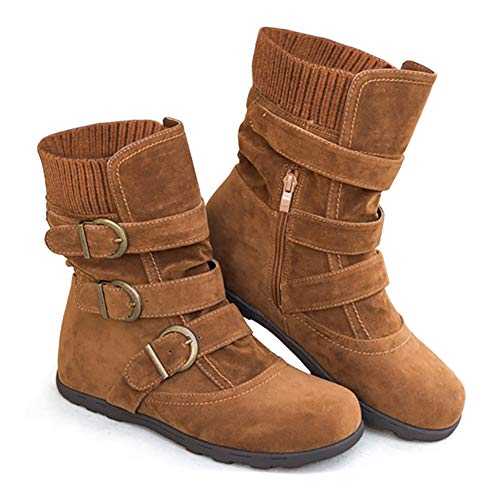 Women's Faux Fur Lined Mid Calf Winter Snow Boots Zip Up Flat Pixie Slouch Boots